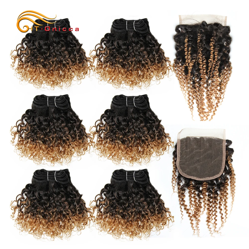 

Curly Bundles With Closure Brazilian Hair Bundles and Closure 1B 27 30 99J Colored Jerry Curl Short Hair Extensions Human Hair