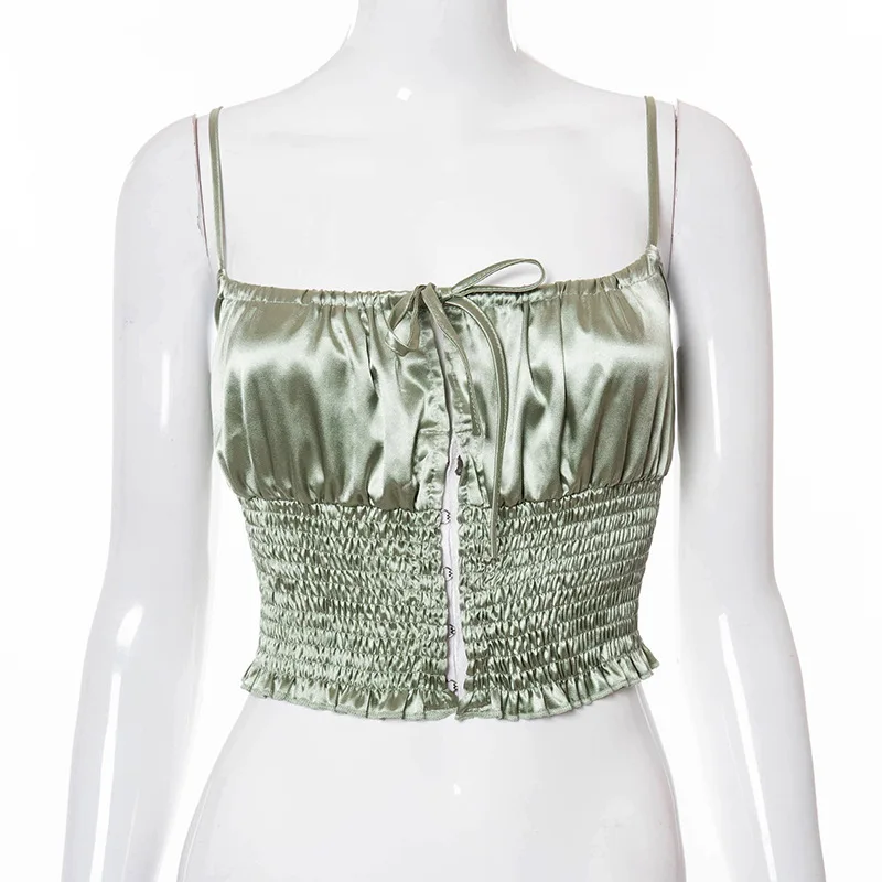 

QuanRun Elegant Sexy Women Sleeveless Pleated Solid Color Halter Crop Top Slim Casual Girdles Party Club Streetwear 2021 Spring