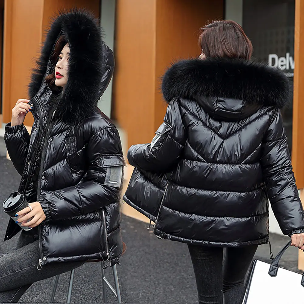 GRELLER Women Winter Hooded Thick Short Jacket Solid Casual Glossy Warm Cotton Padded Parka Fur Collar Winter Coat Women Clothes