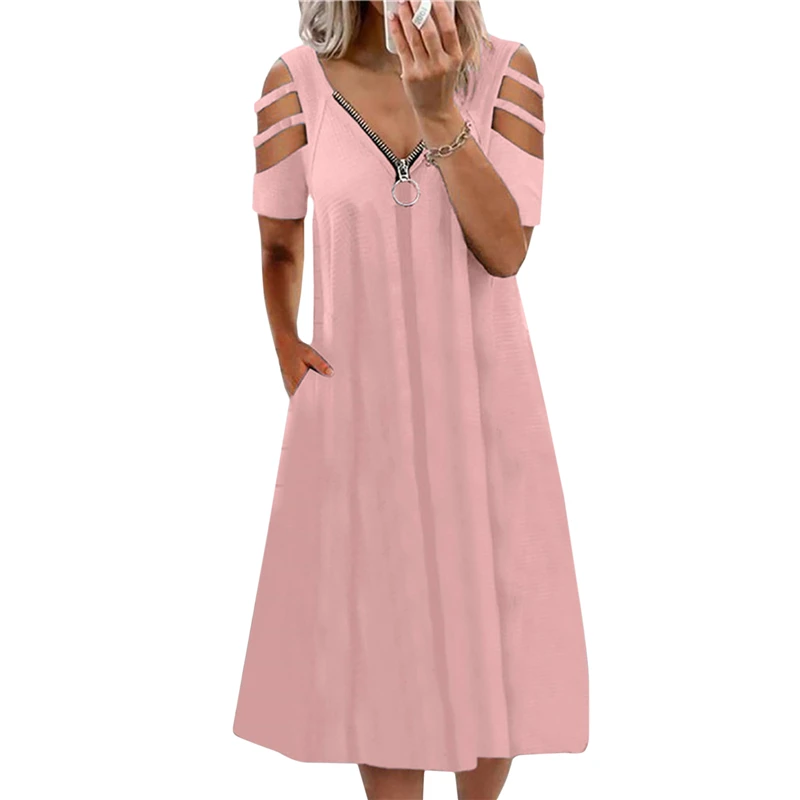

Женское платье на молнии с открытыми плечами, однотонное повседневное свободное платье с V-образным вырезом и коротким рукавом, уличные жен...
