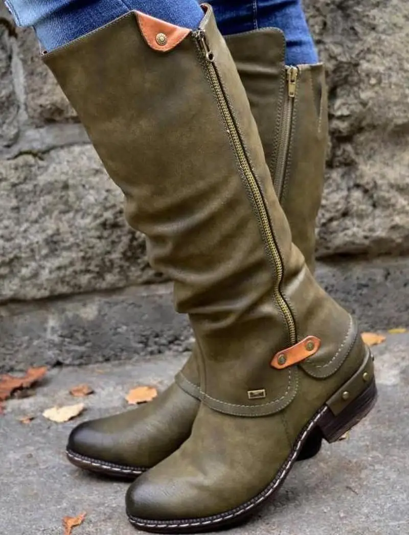 Женские сапоги до колена на низком каблуке с круглым носком|Сапоги колена| |