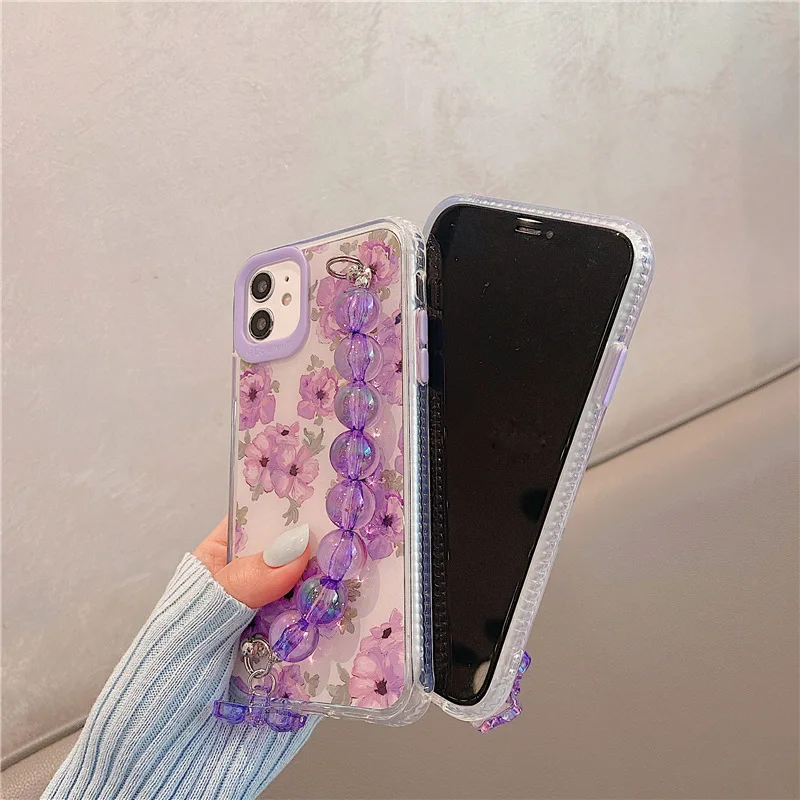 

Purple pearl bracelet suitable for XR mobile phone case 11Pro Apple 12Pro Max mobile phone case 78Plus flower XS