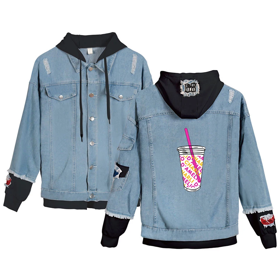 

New charli damelio merch Denim Jacket Ice Coffee Splatter Jackets Men Women Internet celebrity Charli DAmelio Fashion Denim coat