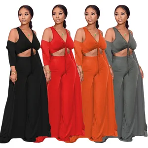 Women Fashion Casual Suit Solid Color Sexy Strapless Crop Tops Long Sleeves Coat Pants Leisure Set Three Piece Sets