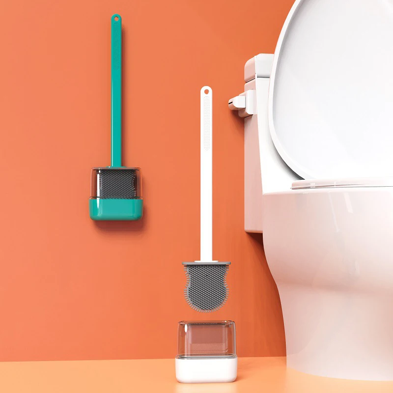 

Toilet Brush Water Leak Proof With base Silicone Wc Flat Head Flexible Soft Bristles Brush with Quick Drying Holder Set