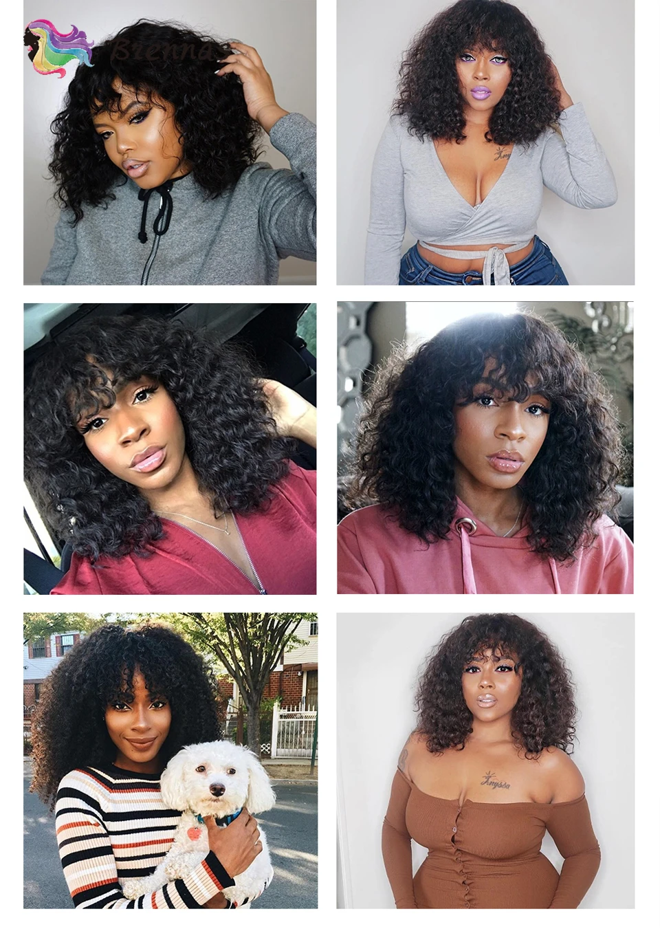 Brennas human hair lace wigs short bob curly wig with bangs Brazilian Remy hair 13X4 lace front wig 8-16'' for women 150%Density