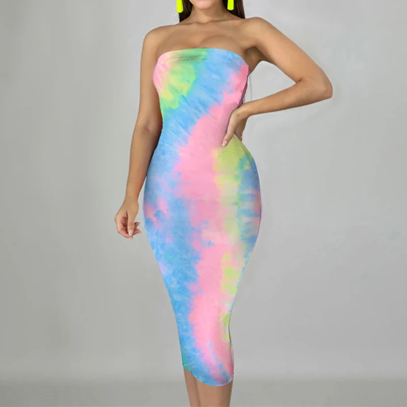 

NORMOV Women Sexy Dress Fashion Tie Dye Strapless Sleeveless Slim Dresses Color Rrint Knee Length Female Dress
