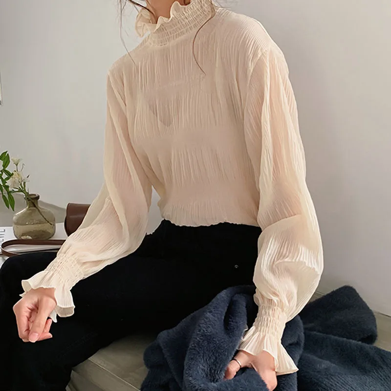 2021 spring new pleated women shirts fashion office lady chiffon blouse women stand collar flare sleeve solid female tops 9542 free global shipping