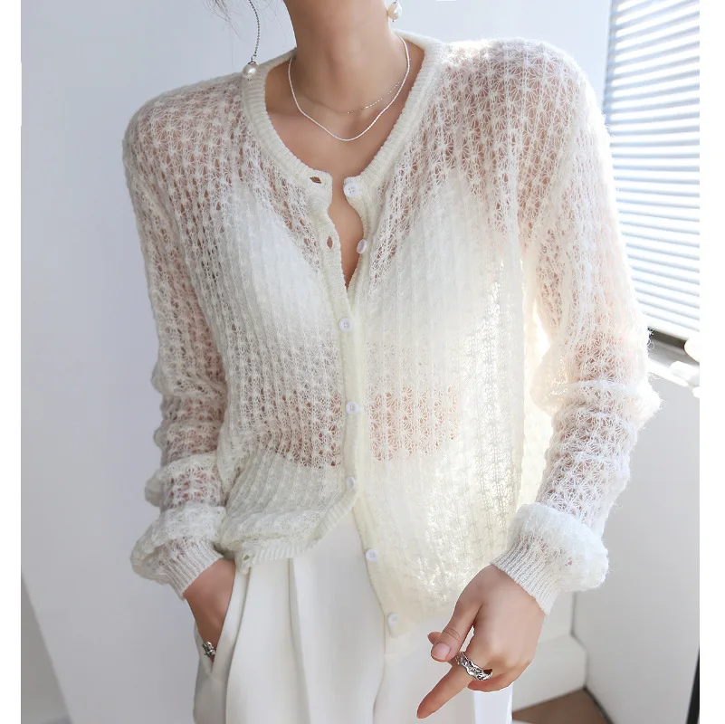 

French Gentle Wind Minority Mohair Hook Flower Hollow Breathable Thin Knit Cardigan Sweater 2021 Autumn Women Cardigan Vintage