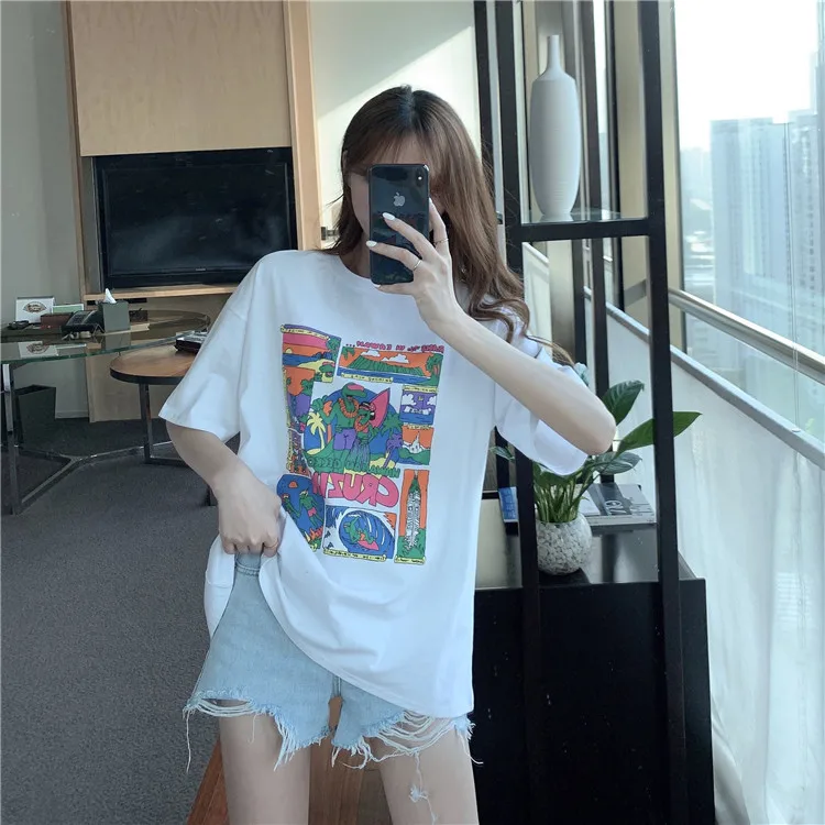 

XZ032 Women's 2021 summer loose casual lazy style print mid-length white short-sleeved T-shirt