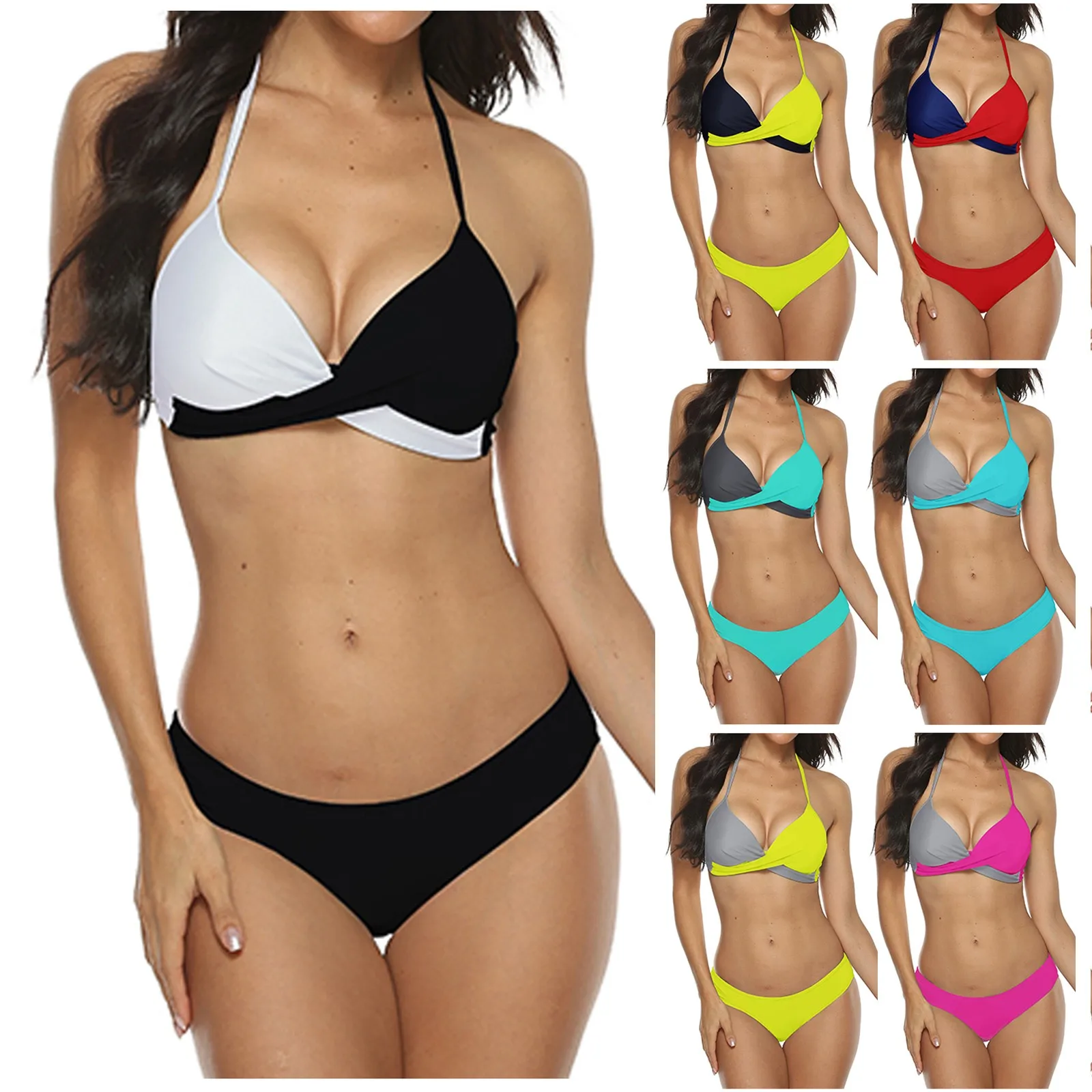 

Female Swimwear Women's Colour Block Print High-Breasted Straps Bikini Set Two-Piece Swimsuit Beachwear Swimming Bikini Women