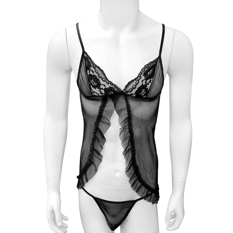 Прозрачный комплект с ночным платьем и трусиками для мужчин нижнее белье