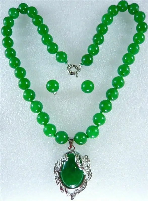 

New 10MM noblest green jade necklace + pendant earring set 18"AAA
