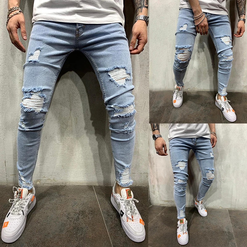 

European High Street Men's Slim Fit Small Foot Scraped Denim Pants Fashion Youth Holed Jeans Large