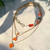 boho orange flower heart pendant gummy bear beaded necklace for women mushroom gossip asymmetric pearl choker y2k necklace set