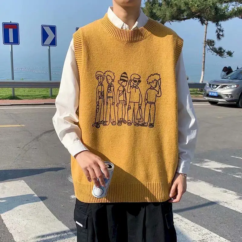 

Men Cartoon Harajuku Sweater Vest 2021 Winter Mens Japanese Streetwear Knitted Sweaters Male Loose Vintage Knitted Vest Gothic