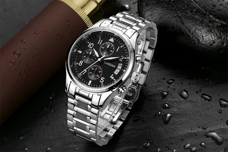 Часы BINSSAW Мужские кварцевые роскошные брендовые светящиеся водонепроницаемые в
