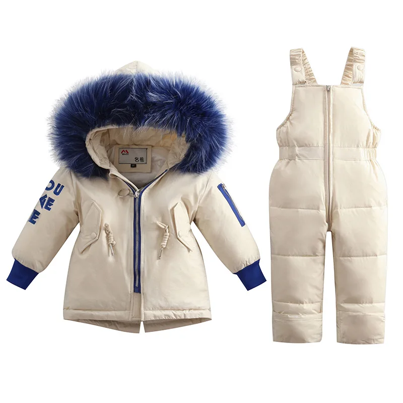 

2pcs Set Solid Color Letters Baby Boy Winter Down Jacket Jumpsuit for Thicken Warm Fur Collar Coat Kids Clothes Girls 1-3Year