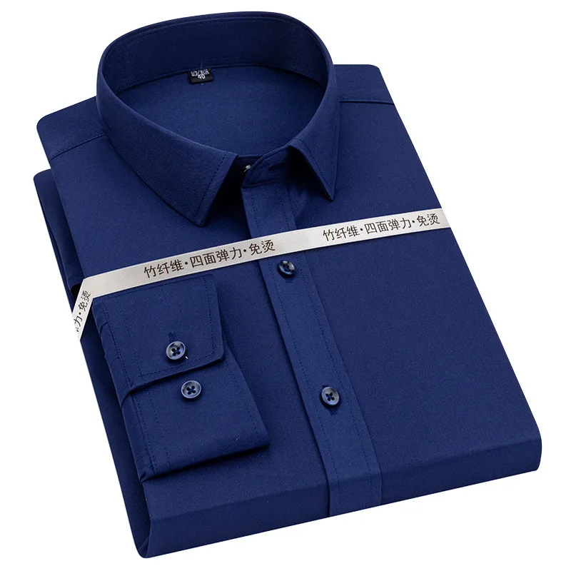2021 new solid color elastic non-iron professional wear anti-wrinkle men's tooling bamboo fiber shirt men's long-sleeved shirt