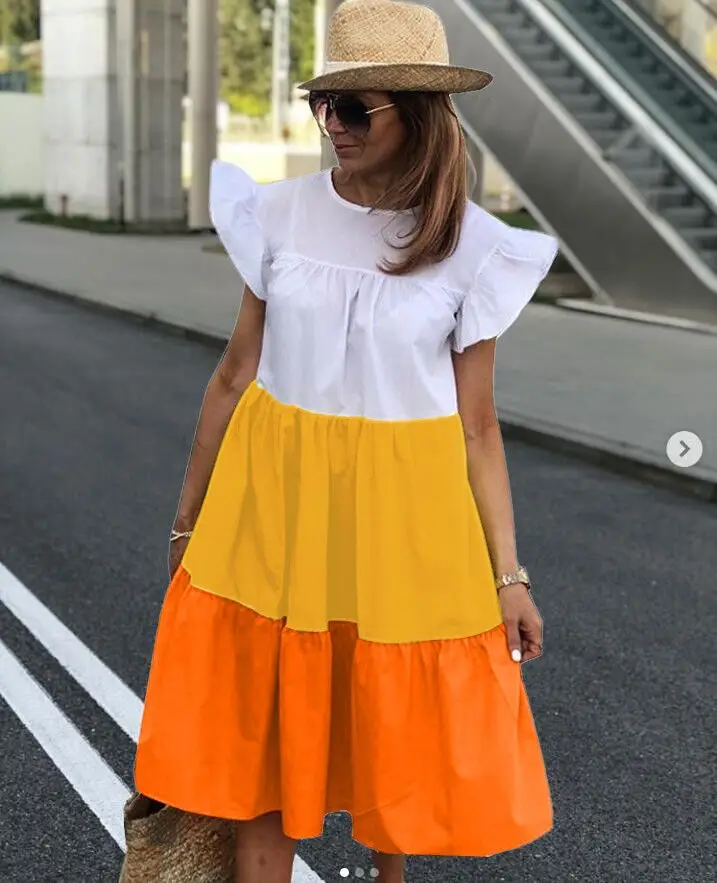 

Elegant Patchwork Hit Color Dress Women O Neck Half Sleeve Oversize Casual Midi Dresses Female Summer Clothes