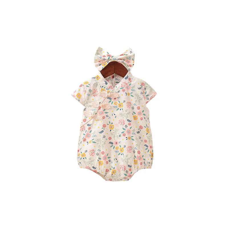 

2021 Summer Toddler Girls Baby Romper Foral Chinese Button Cheongsam Cotton Short Sleeve One-piece Romper + Headband