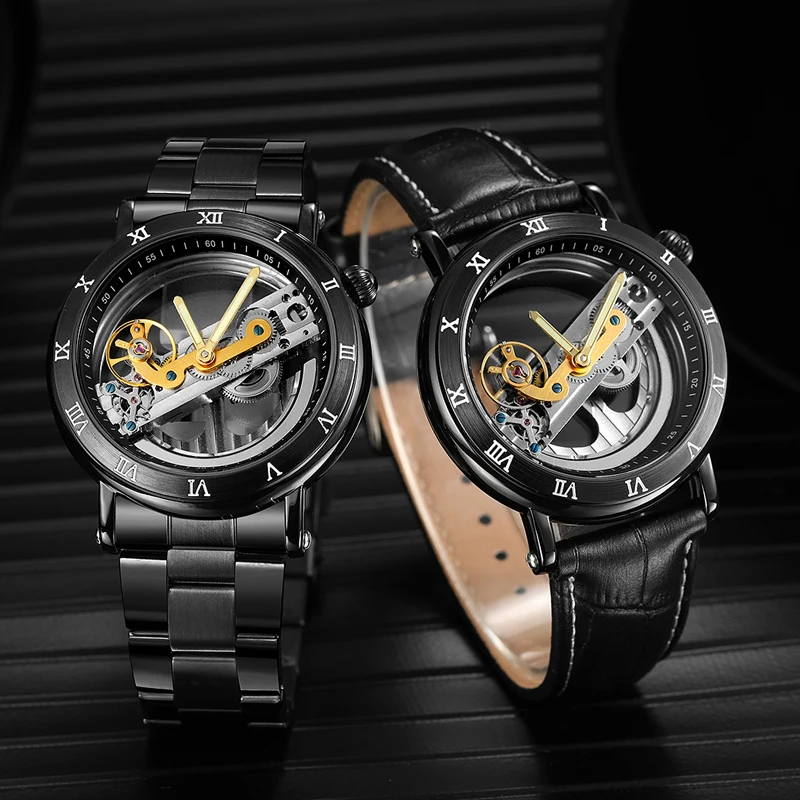 Forsining Double Side Transparent Automatic Men Watch Top Brand Luxury Skeleton Black Leather Wristwatch Relogio Masculino | Наручные
