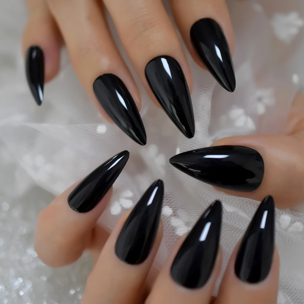 Medium Pure Black Fake Nails Art Uv Gel Fingernails Press On Nails Stiletto Acrylic Nails Tip Full Cover Manicure With Tabs  images - 6