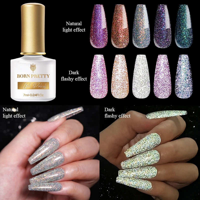 BORN PRETTY 1PC Reflective Glitter Nail Gel Polish 7ml Sparkling Effect Soak Off Semi Permanent Varnish All For Manicure - купить по