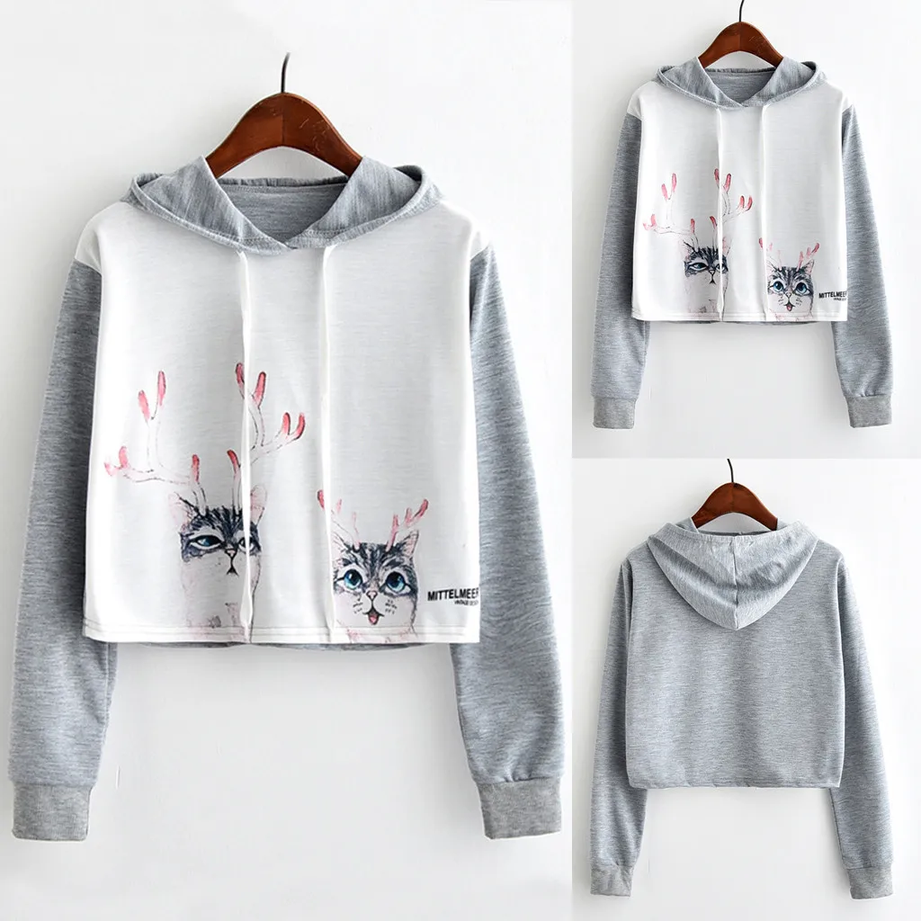 Женские повседневные толстовки с принтом круглым вырезом рисунком кота длинными