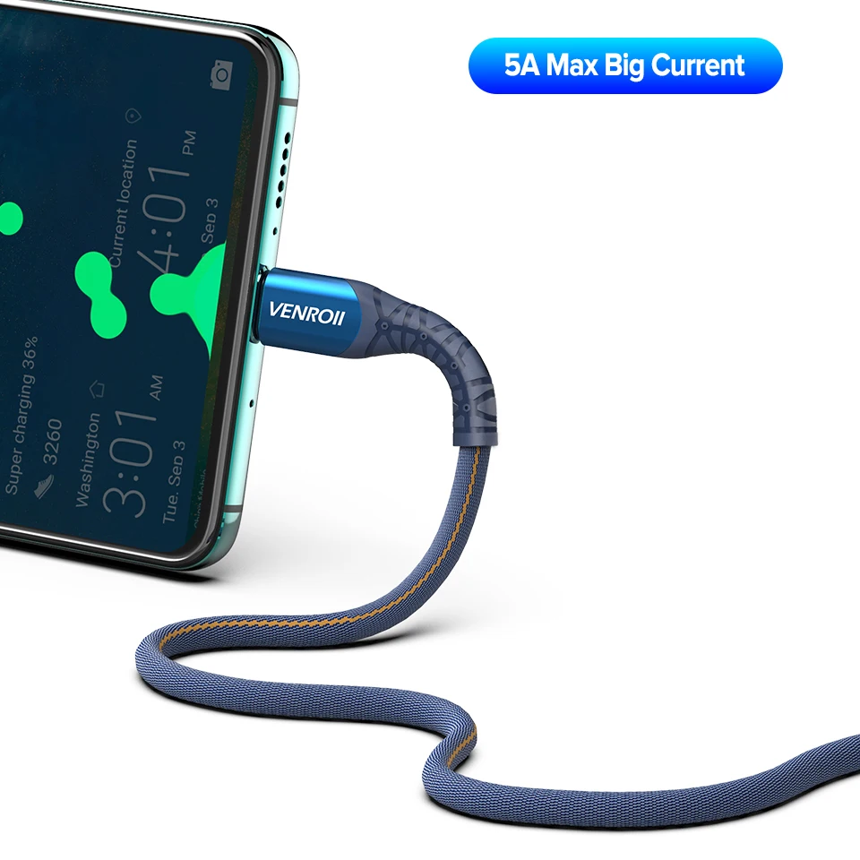 USB Type C кабель Venroii быстрая зарядка USBC 5A SuperCharge Kable для Huawei Mate 20 30 Pro Honor Quick Charge