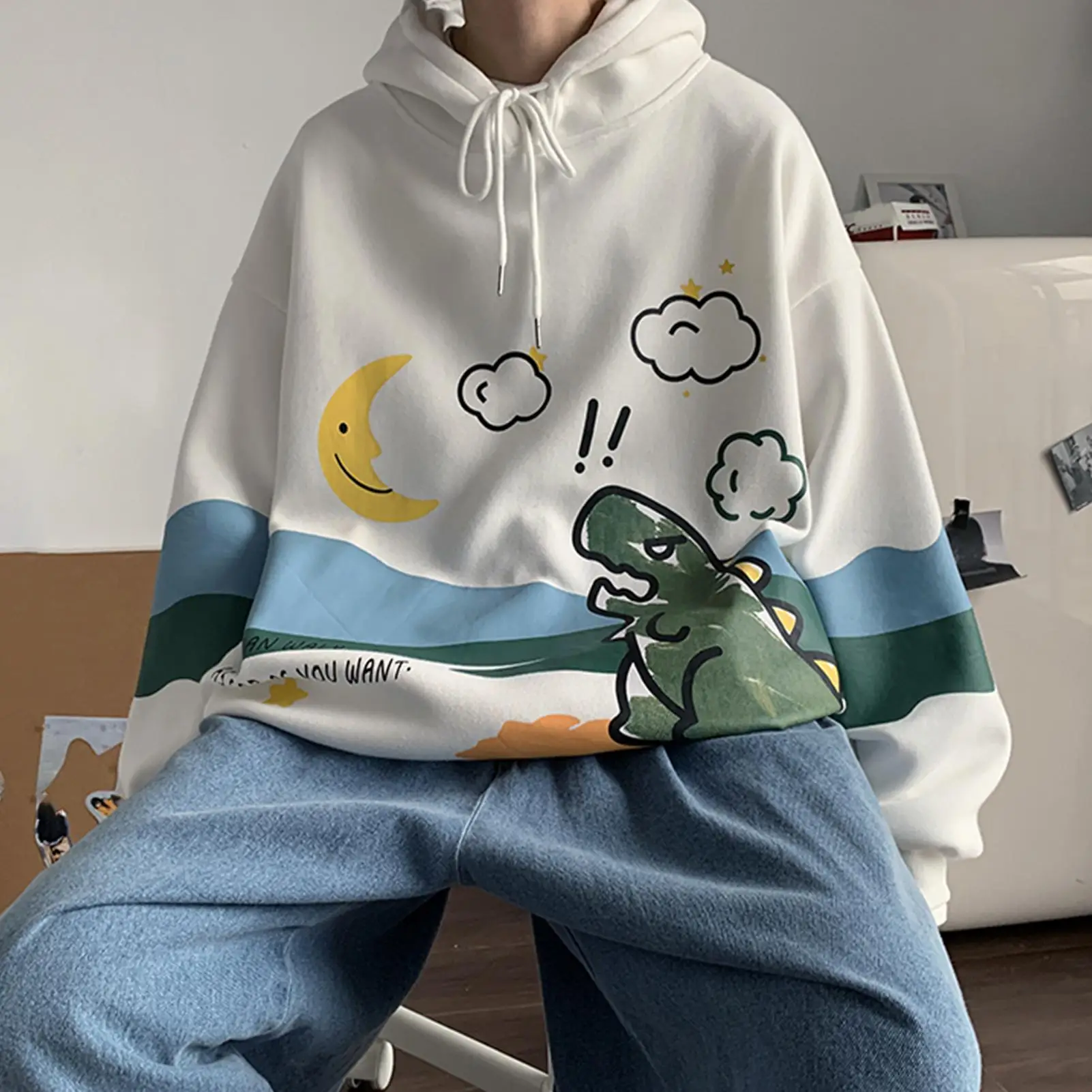 

Trend fashion cartoon cartoon cartoon printing loose hooded Pullover Top Men's new sweater in autumn and winter