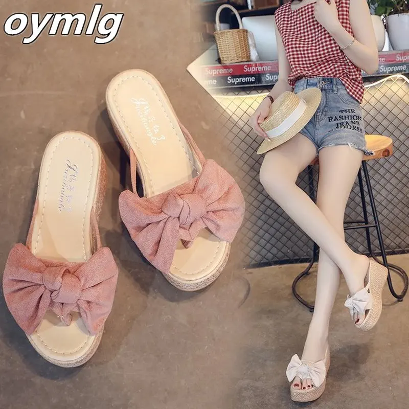 

Women's Hemp Slippers Woman Bowtie Thick Bottom Female Solid Platform Shoes Ladies Fashion Summer Outside Footwear