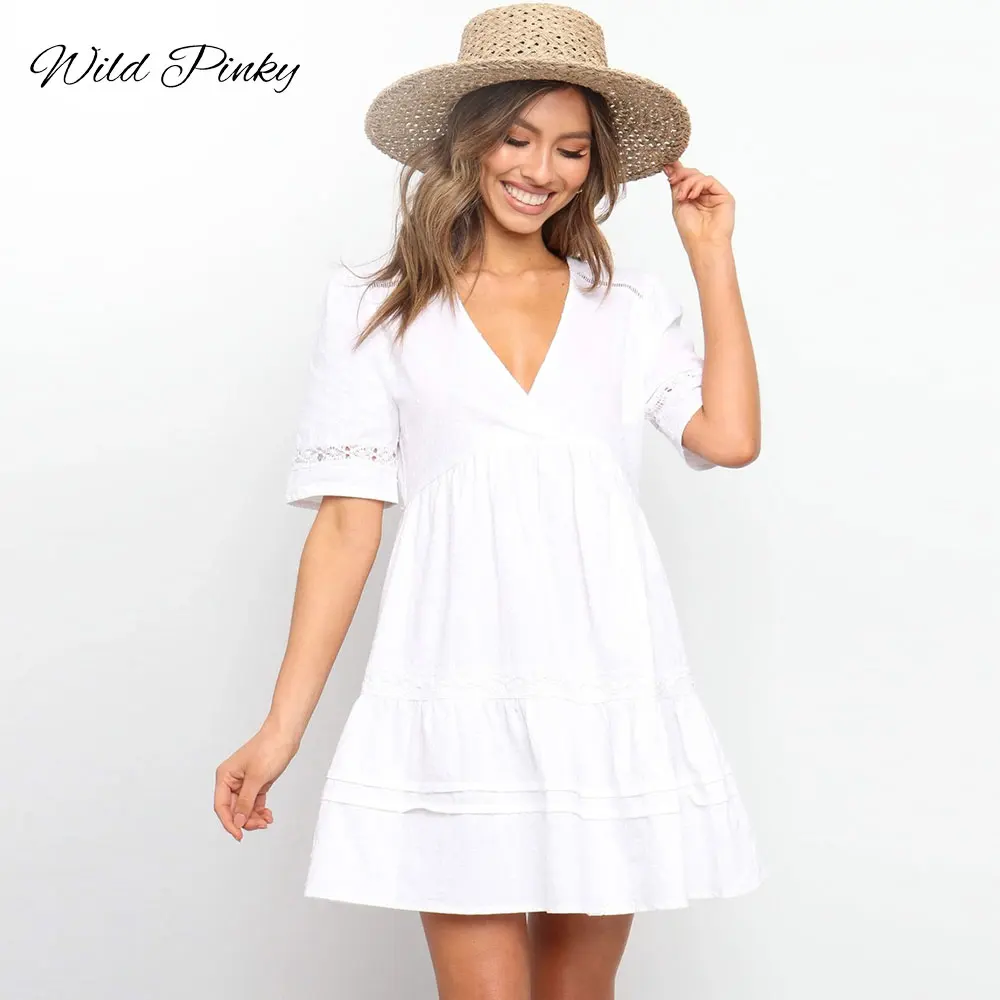 

WildPinky 2021New Boho V-Neck Women Summer Cotton Short Sleeve Sundress Hollow Out Beach Ladies Ruffle White Mini Dress Vestidos
