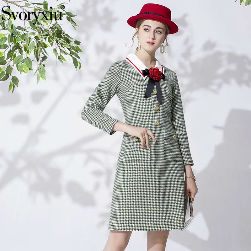 Svoryxiu Autumn Winter Tweed Braided Dress Women's Elegant Long Sleeve Bow Slim Runway High Quality Dresses Vestdios | Женская