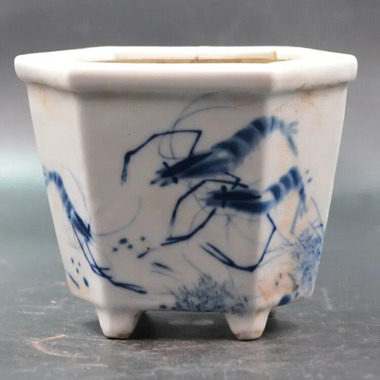 Китайский голубой и белый фарфор креветки дизайн цветочный горшок шестигранный 4