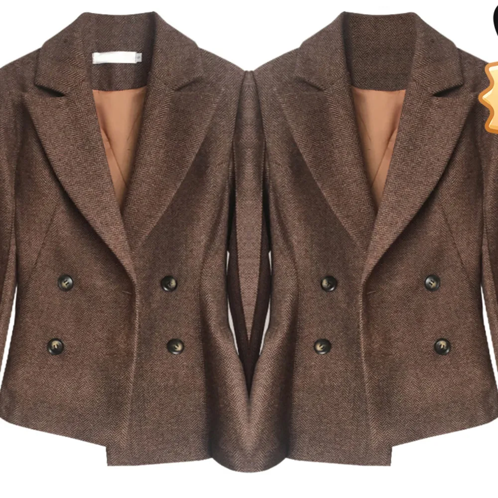 

Double Office Lady Breasted Jackets Woolen Slim Long Sleeves With Blet Short Suit Jacket Female Femenino Blazer