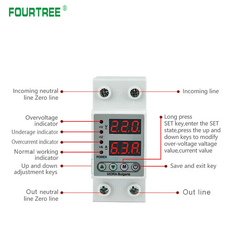 Цифровой Регулируемый протектор перенапряжения и пониженного напряжения 40 А 63