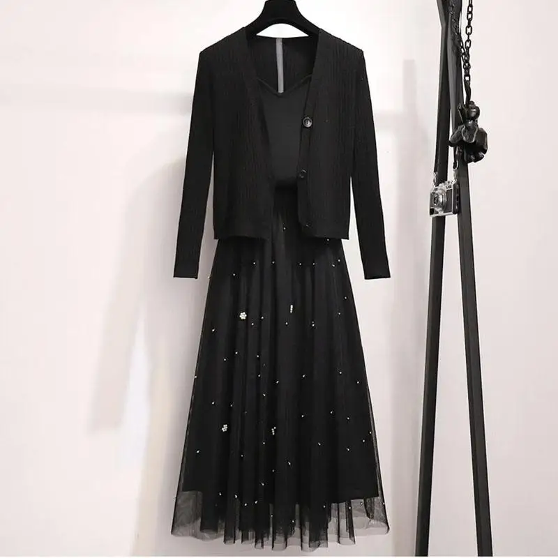 2020 Spring Summer Women Three Piece Sets Casual Knit Cardigan And Tank Tops + Elastic Waist Beaded Mesh Skirt Suit R172 |