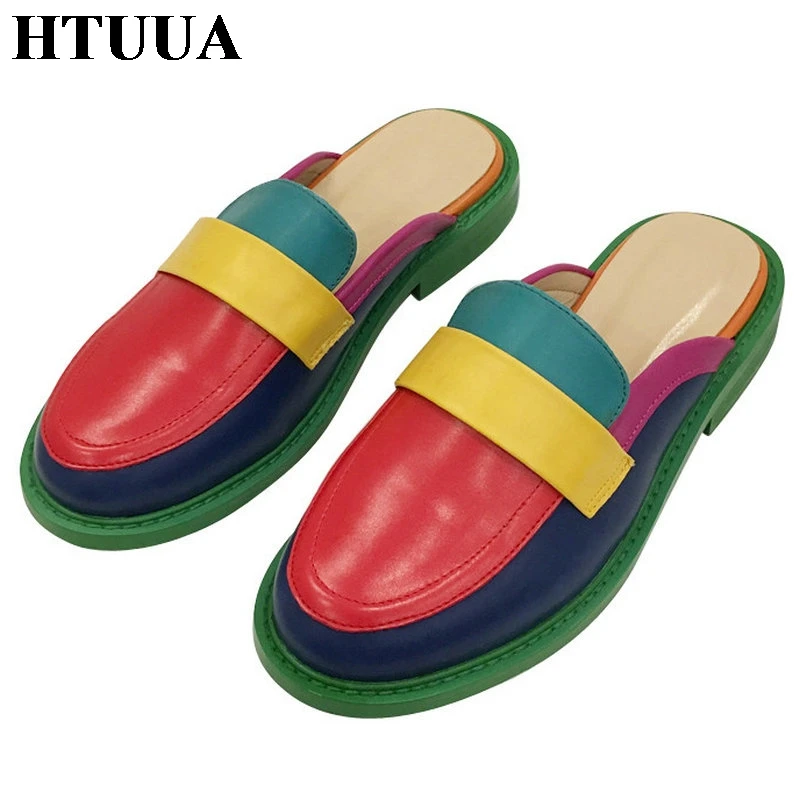 HTUUA/Брендовые женские сабо; тапочки; сезон осень; модные разноцветные туфли на плоской подошве в британском стиле; шлепанцы на платформе; повседневные Лоферы без застежки; женская обувь; SX3407