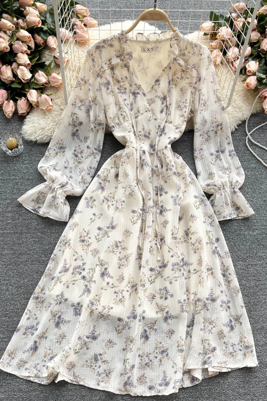 

2021 Spring/Autumn New Fashion Women Casual Sweet Floral V-Neck Puff Sleeve Empire A-Line Dress White Dress J260