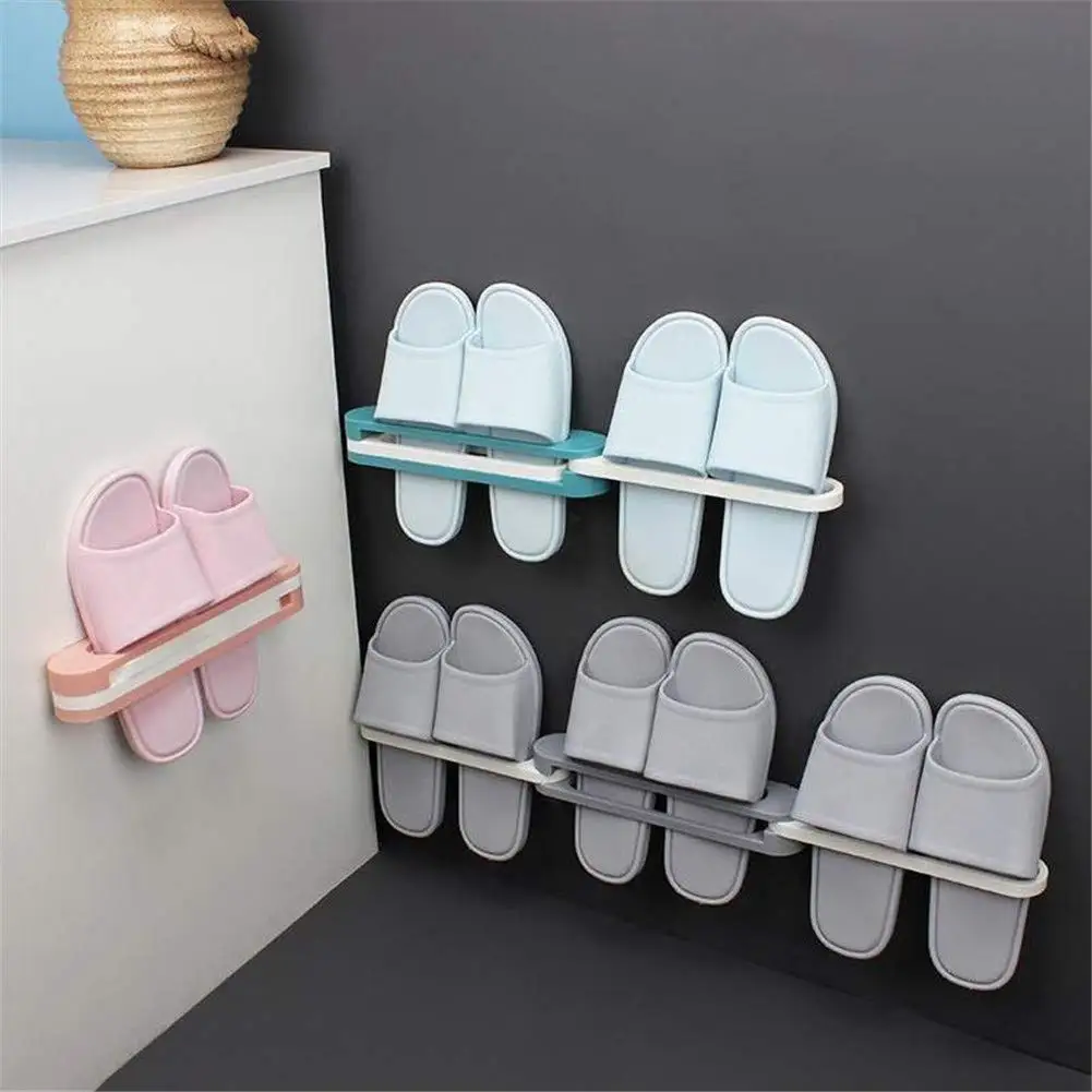 Bathroom Slippers Rack Wall Mounted Shoe Organizer Rack Folding Shoe Hanger Self Adhesive Storage Holder for Bedroom Shower Room