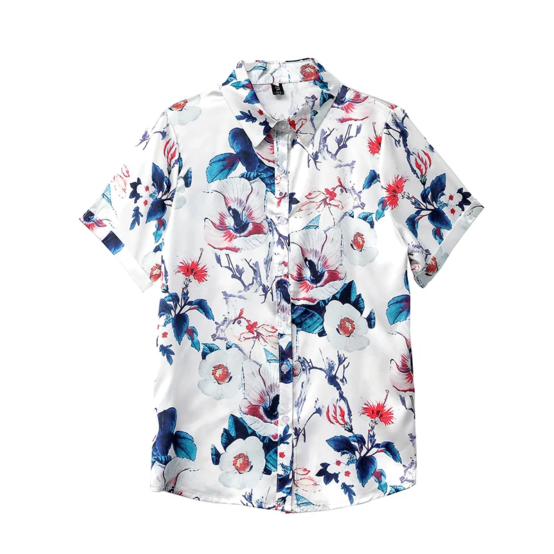 

Korean Silk Shirts Women Short Sleeve Satin Blouses Print Shirt Plus Size Blusas Femininas Elegante Lady Floral Blouse Tops 3XL