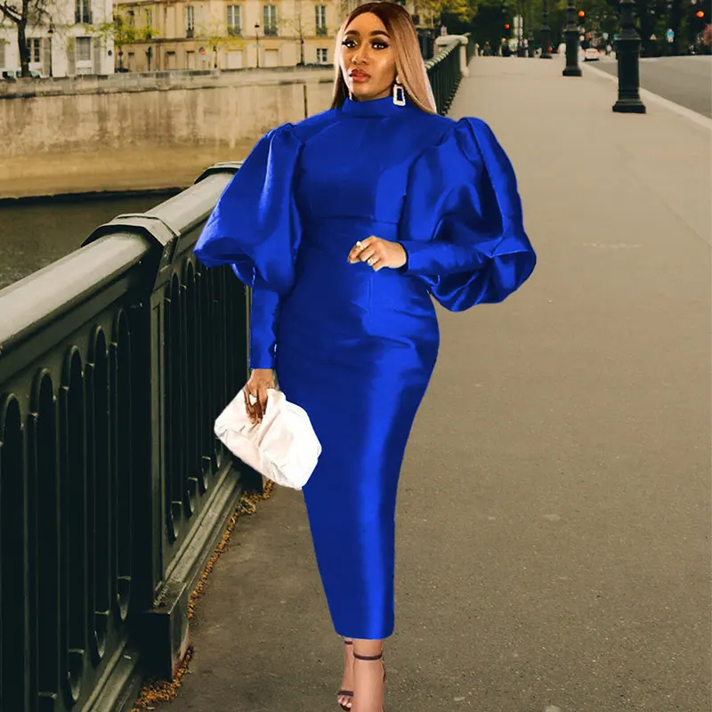 

Однотонное женское платье-карандаш с длинным рукавом-фонариком, XXXL