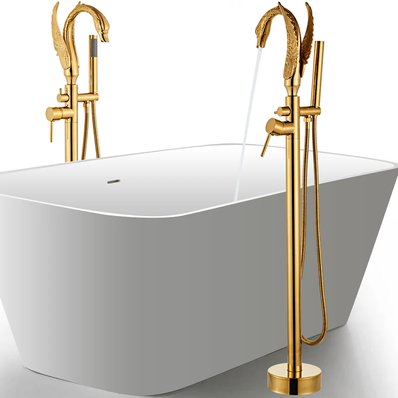 

Tuqiu Gold Bathroom Bathtub Faucet with Handheld Shower Free Standing Black Swan BathTub Mixer Taps Floor Mounted 3 colors