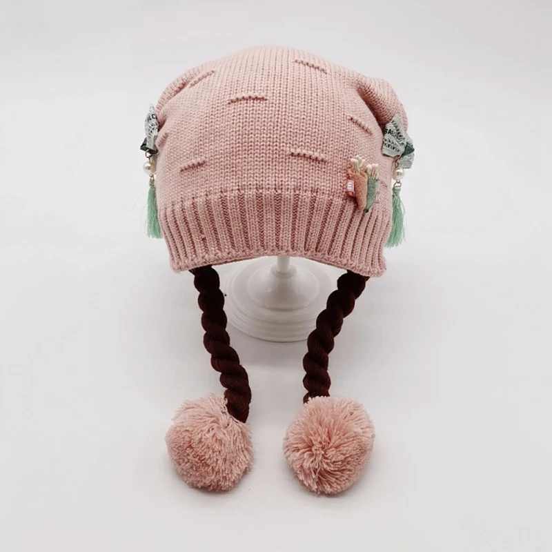 

SL-Winter Warm Toddler Baby Girl Earflap Hat Kids Knit Beanie Cute Embroidery Caps With Fake Braid