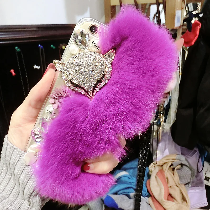 

Luxury Rabblit Fur Diamond Fox Rhinestone Cell Phone Case For Xiaomi Max 3 8 9 SE 5X 6X Redmi 4A 5A 6A 8A Note 5A 6 7 8 Pro Capa