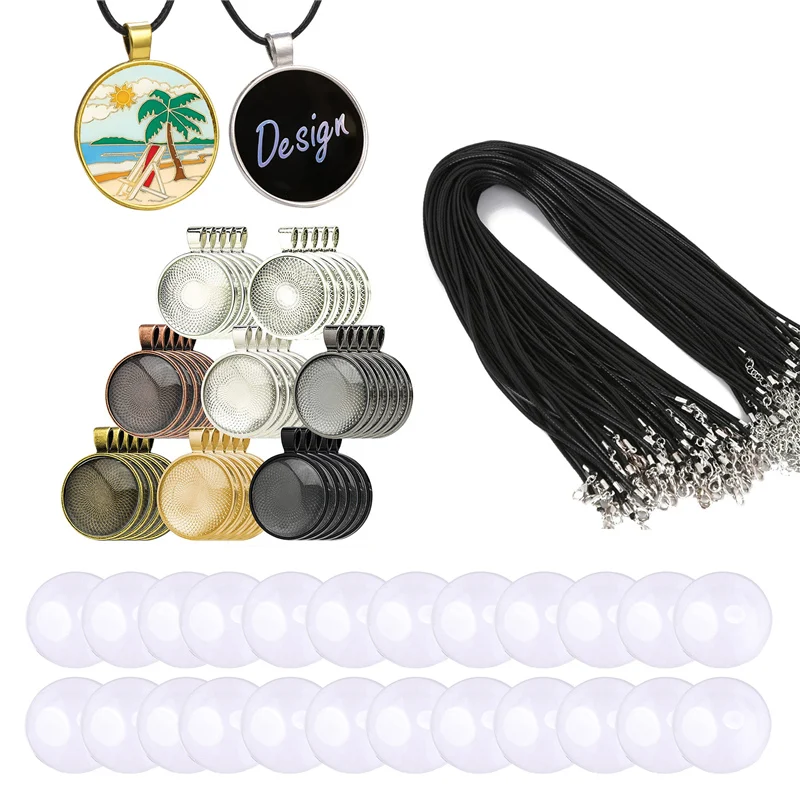 

240Pcs/Set Pendant Bases 25mm Cabochon Glass Cameo With 50cm Black Leather Rope Chains For Handmade Necklaces DIY Jewelry Making