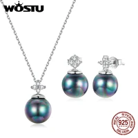 wostu s925 sterling silver elegant pearl cz stud earrings necklace jewelry sets for women love fashion jewelry s232