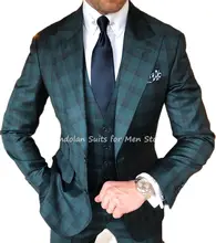 Verde xadrez conjuntos de ternos dos homens do casamento pico lapela grade blazer calças feito sob encomenda do noivo smoking festa wear masculino jaqueta + calças colete (2)
