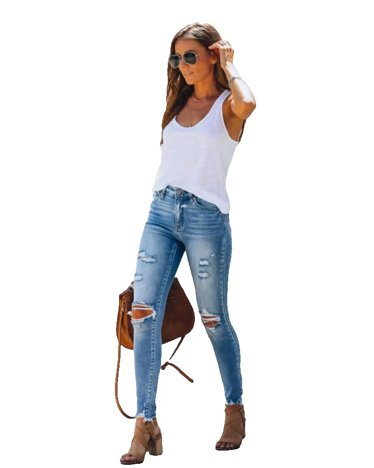 

ripped washed mom jeans woman slim skinny elastic denim pencil pants boyfriend vintage hole streetwear T1906